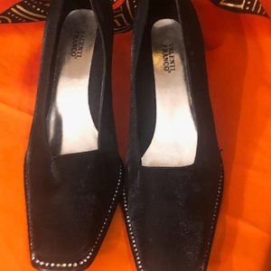 Rhinestone Trim Black Satin Heels SIZE 7.5